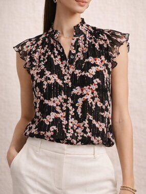 A.L.C. Foley Silk Lurex Floral Ruffle Sleeve Blouse Black Size 4 Designer